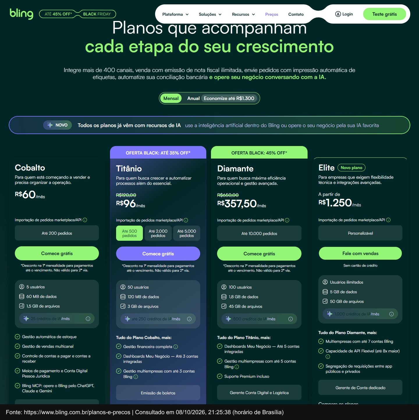 Print da página de preços Bling