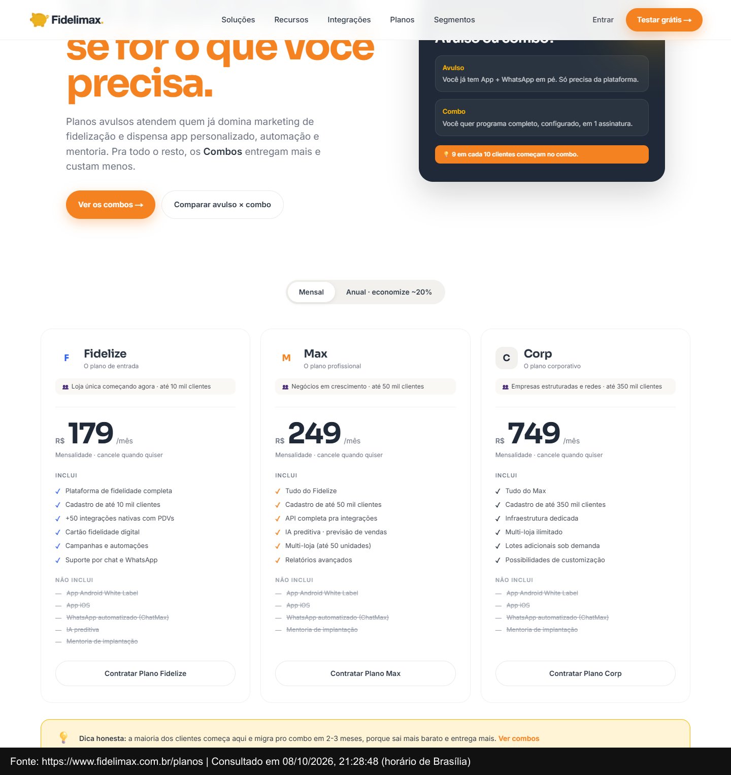 Print da página de preços Fidelimax